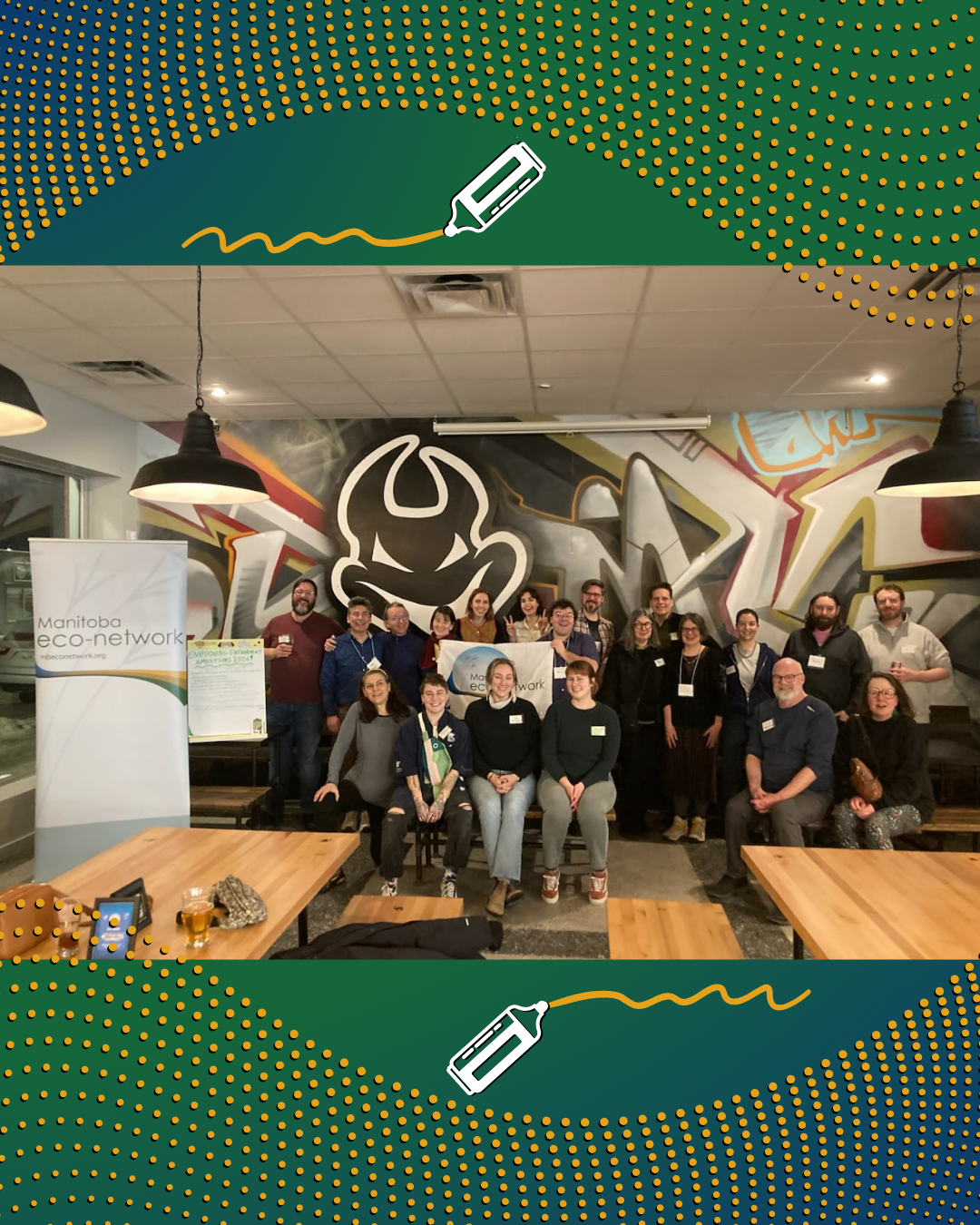 A group of Manitoba Eco-Network event attendees smiling at the camera, at Devil May Care.